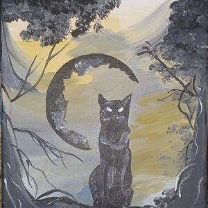 Original Acrylic Enigmatic Feline Canvas Art - Black and Gray